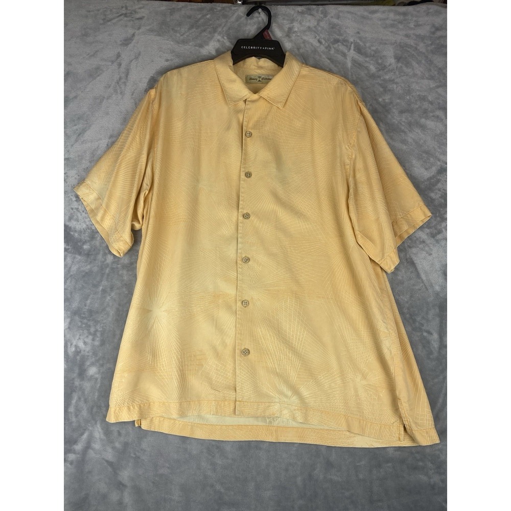 Tommy Bahama‎ Shirt Mens Large Yellow White Line Silk Button Up Beachy